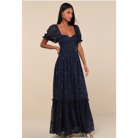 Lulus Dresses & Skirts - Lulu's Navy Blue Puff Sleeve Maxi Dress